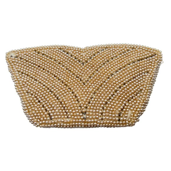 Vintage La Regale Faux Pearl Beaded Japan Zip Top Clutch Purse Bag Cream Gold - Picture 1 of 9